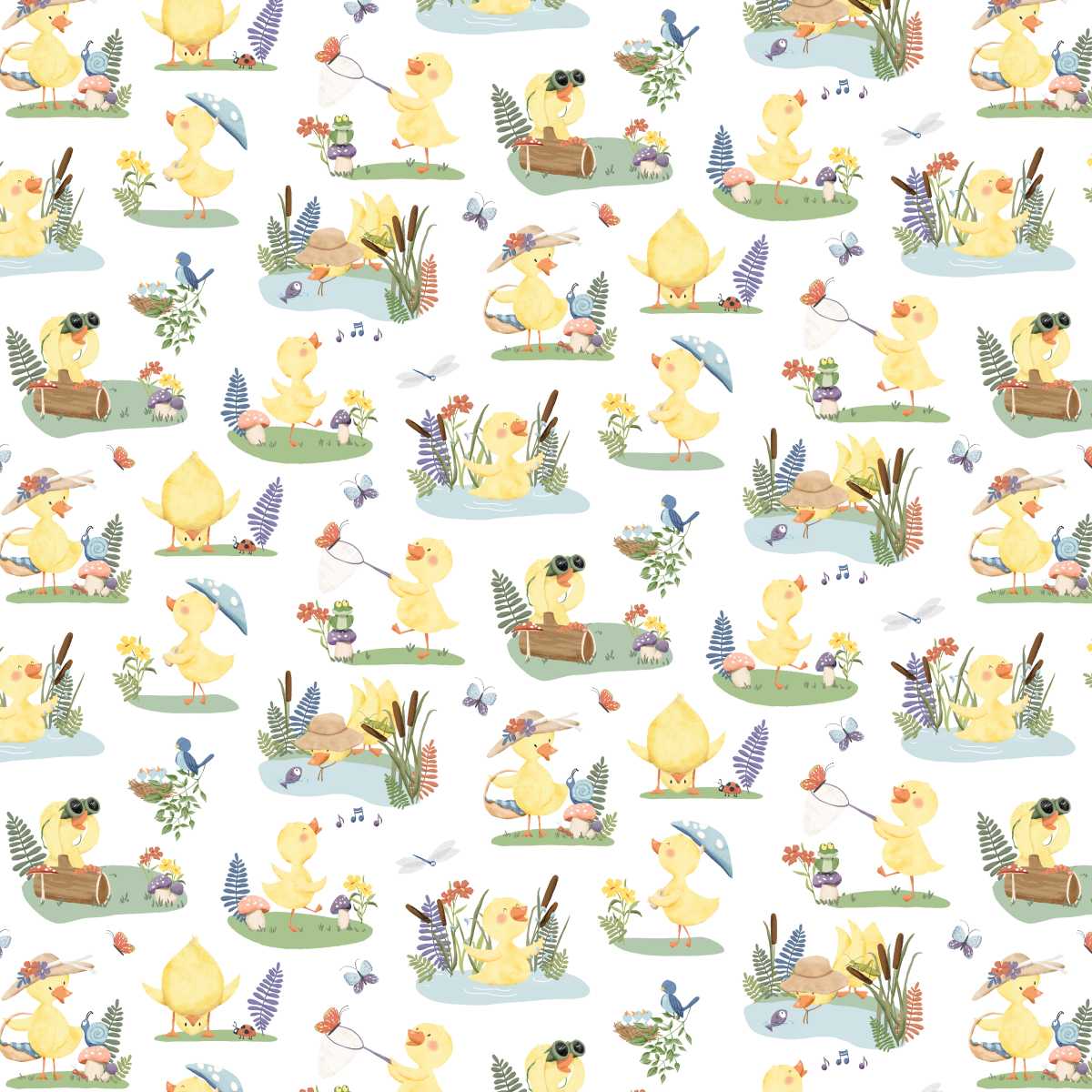Lucky Duck fabric - White Duck Scene print