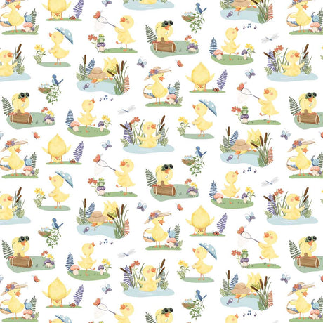 Lucky Duck fabric - White Duck Scene print
